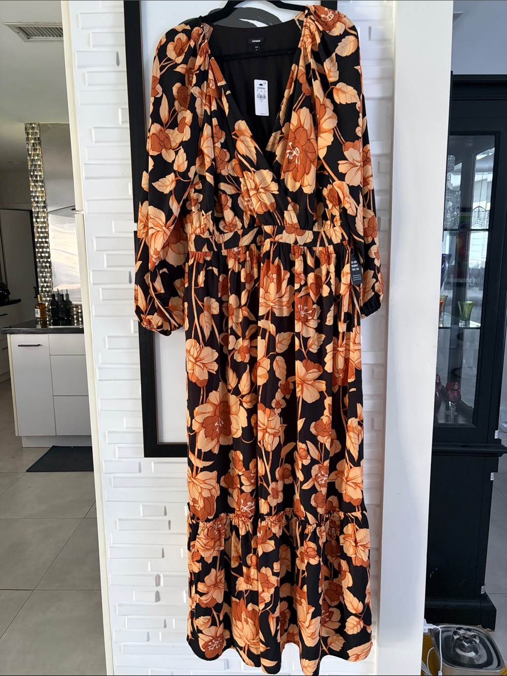 Express Black Maxi Dress with Orange Floral Print new with tags